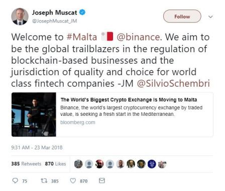 worlds-largest-cryptocurrency-exchange-binance-moves-to-malta-with-prime-ministers-welcome
